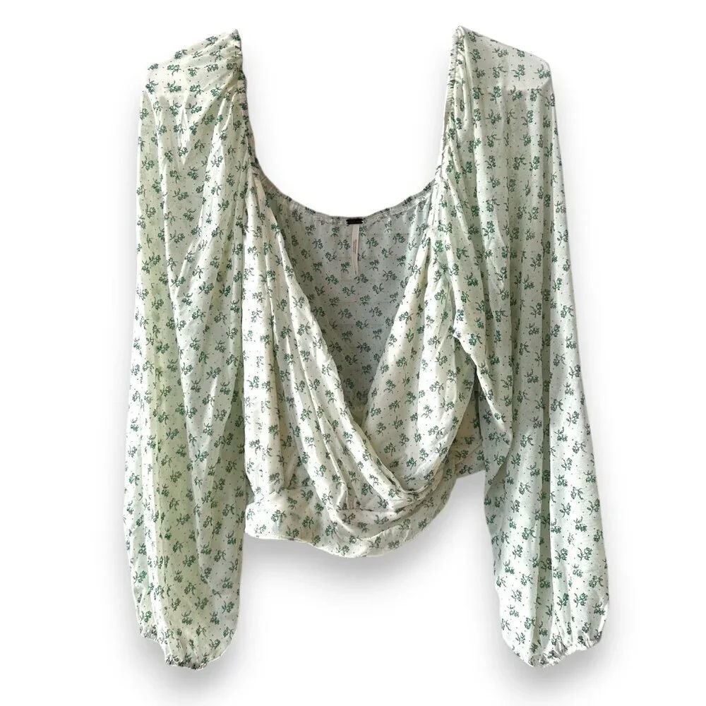 Free People Cream Combo Sweetie Pie Floral Sheer Mesh Wrap Top Large EUC